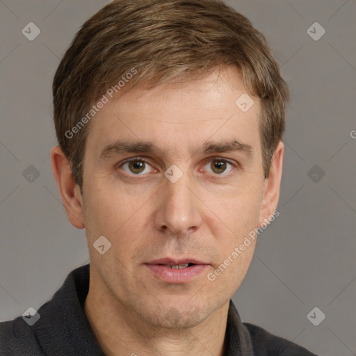 Neutral white adult male with short  brown hair and grey eyes