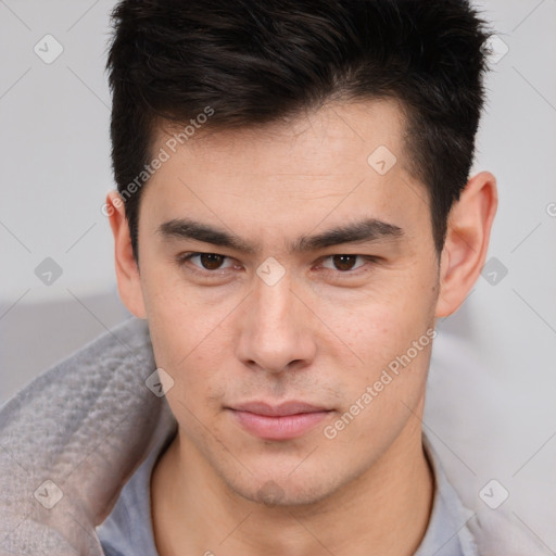 Neutral latino young-adult male with short  brown hair and brown eyes