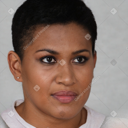 Joyful black young-adult female with short  brown hair and brown eyes