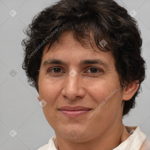 Joyful white adult female with short  brown hair and brown eyes