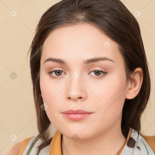 Neutral white young-adult female with medium  brown hair and brown eyes