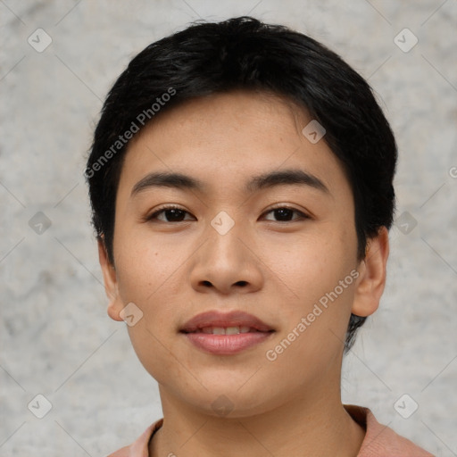 Joyful asian young-adult female with short  black hair and brown eyes