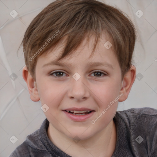 Joyful white child male with short  brown hair and brown eyes