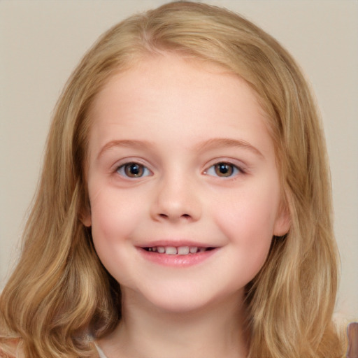 Joyful white child female with medium  brown hair and brown eyes