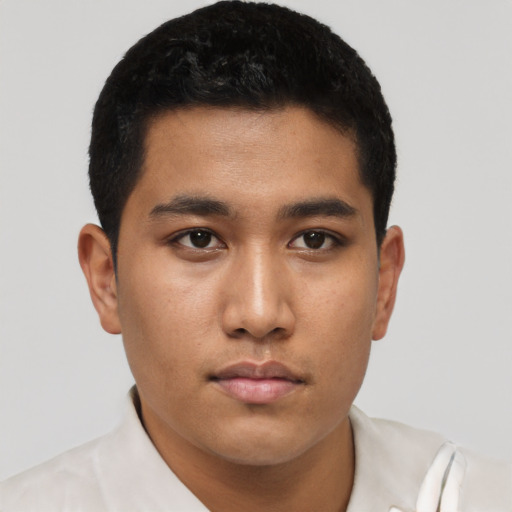 Neutral asian young-adult male with short  black hair and brown eyes