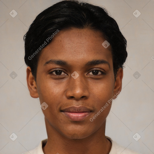 Joyful asian young-adult female with short  black hair and brown eyes