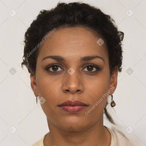 Neutral latino young-adult female with short  brown hair and brown eyes