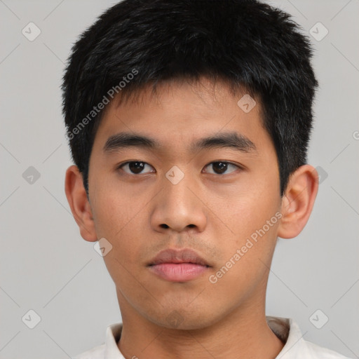 Neutral asian young-adult male with short  black hair and brown eyes