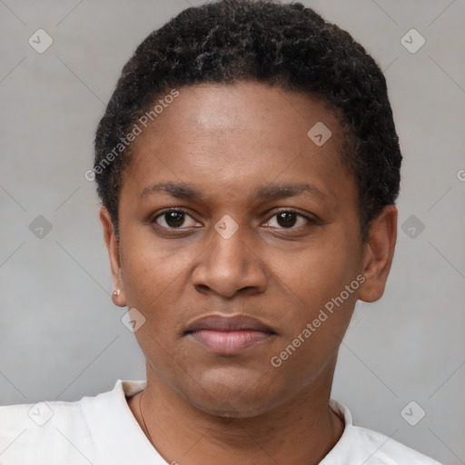 Neutral latino young-adult female with short  brown hair and brown eyes