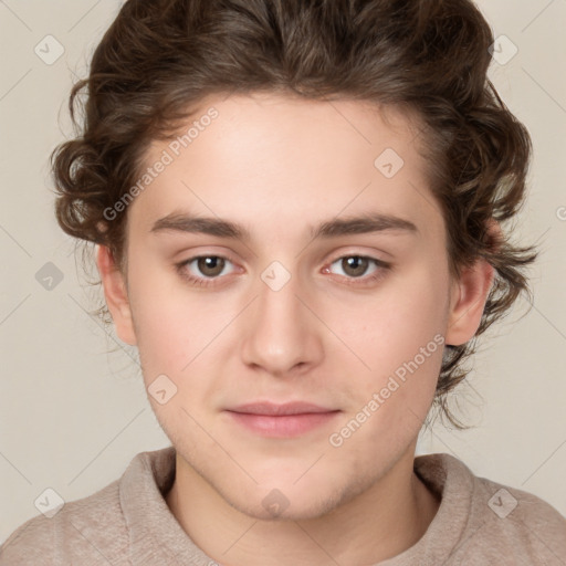 Joyful white young-adult male with medium  brown hair and brown eyes