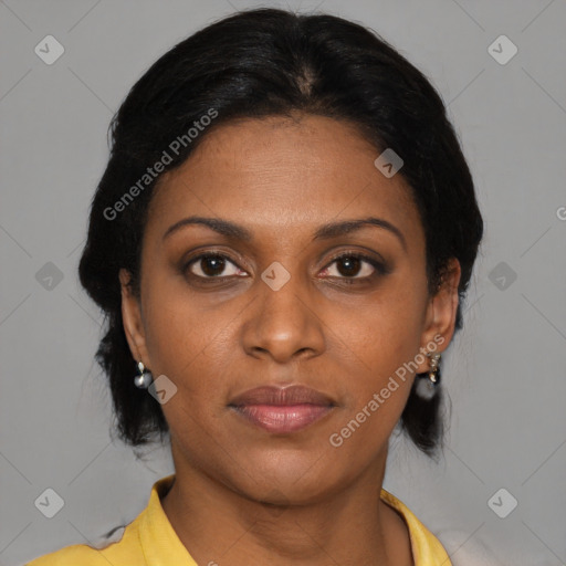 Joyful black young-adult female with medium  brown hair and brown eyes