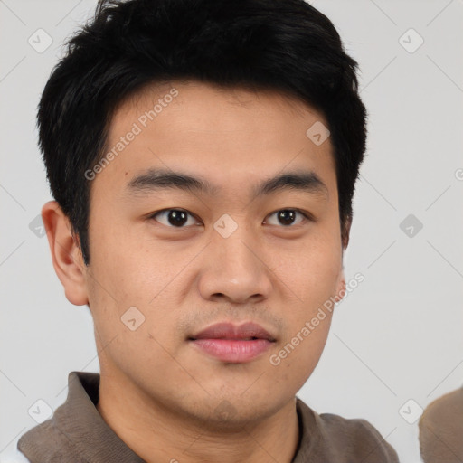 Neutral asian young-adult male with short  black hair and brown eyes