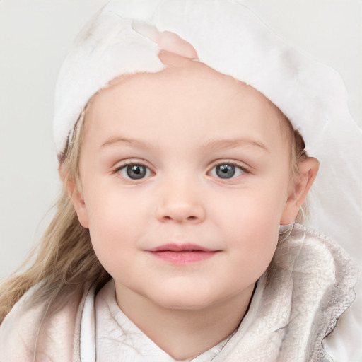 Joyful white child female with medium  brown hair and blue eyes