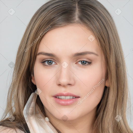 Neutral white young-adult female with long  brown hair and brown eyes