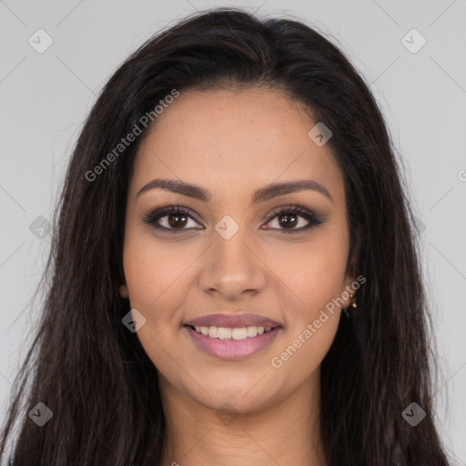 Joyful latino young-adult female with long  brown hair and brown eyes