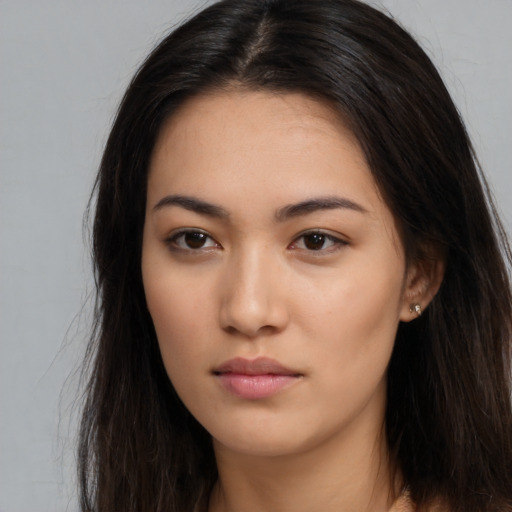 Neutral asian young-adult female with long  brown hair and brown eyes