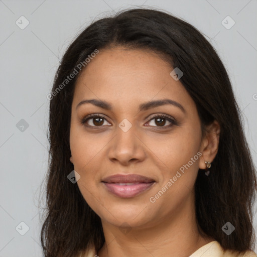 Joyful latino young-adult female with long  brown hair and brown eyes