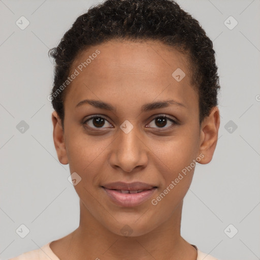 Joyful latino young-adult female with short  brown hair and brown eyes