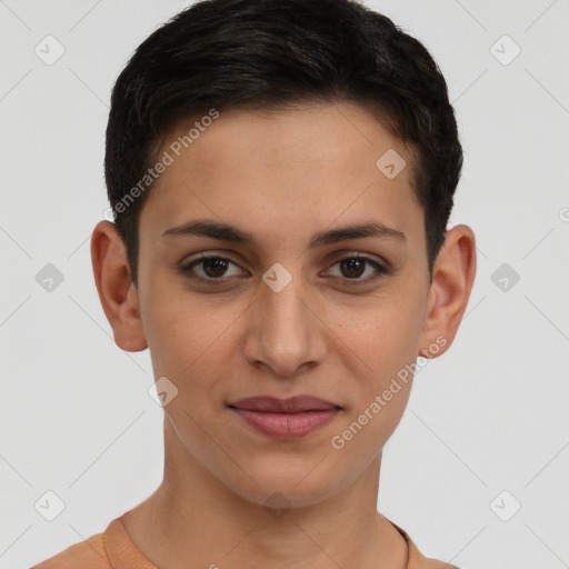 Joyful white young-adult female with short  brown hair and brown eyes