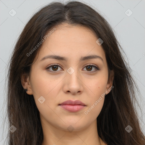 Neutral white young-adult female with long  brown hair and brown eyes