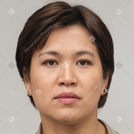 Neutral asian young-adult female with short  brown hair and brown eyes