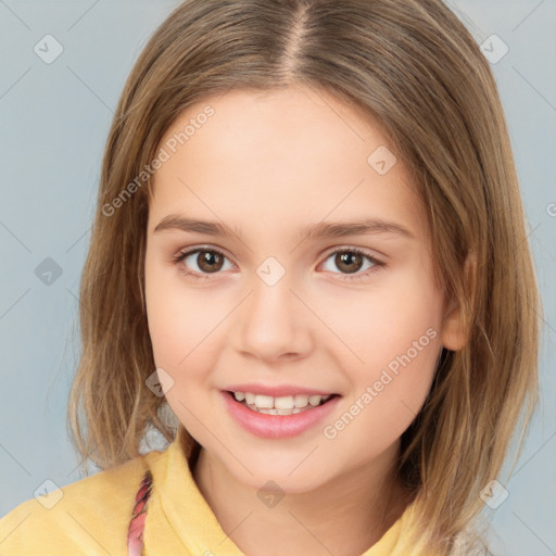 Joyful white child female with medium  brown hair and brown eyes