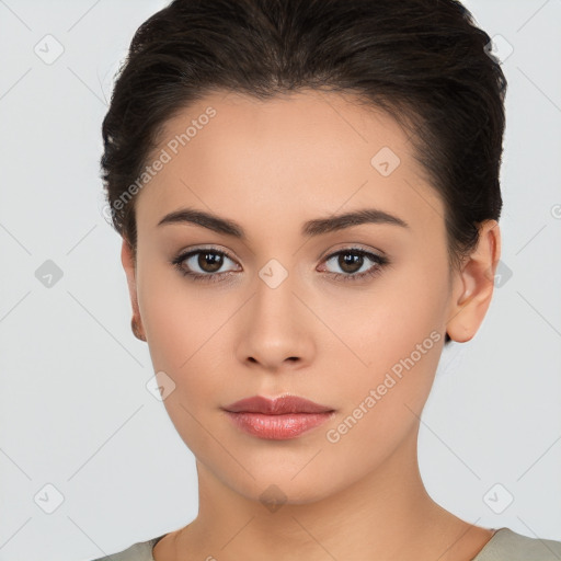 Neutral white young-adult female with short  brown hair and brown eyes