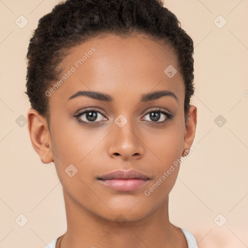 Neutral latino young-adult female with short  brown hair and brown eyes