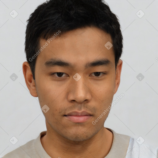 Neutral asian young-adult male with short  black hair and brown eyes