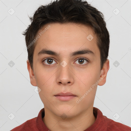 Neutral white young-adult male with short  brown hair and brown eyes