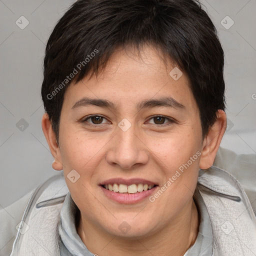 Joyful white young-adult female with medium  brown hair and brown eyes