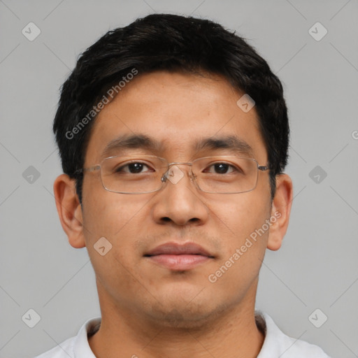 Neutral asian young-adult male with short  black hair and brown eyes