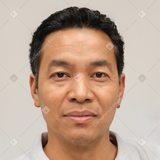 Joyful latino adult male with short  black hair and brown eyes