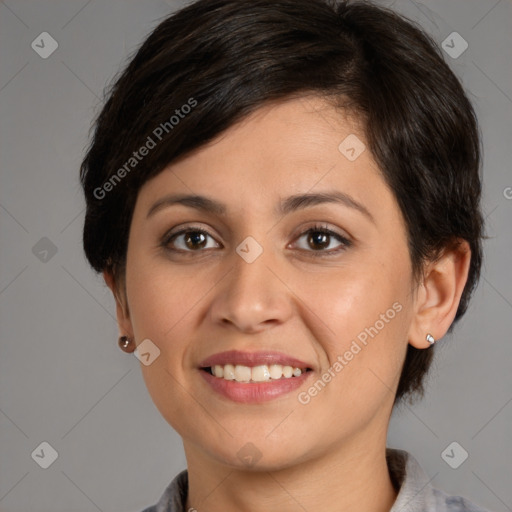 Joyful white young-adult female with medium  brown hair and brown eyes