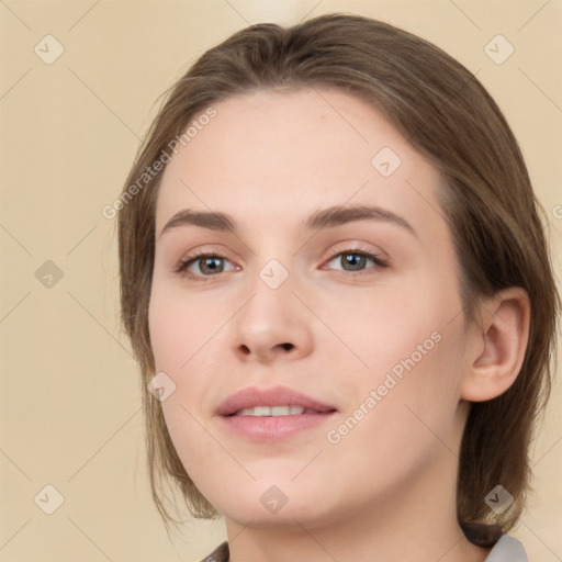 Neutral white young-adult female with medium  brown hair and brown eyes