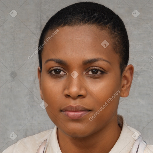 Neutral black young-adult female with short  black hair and brown eyes