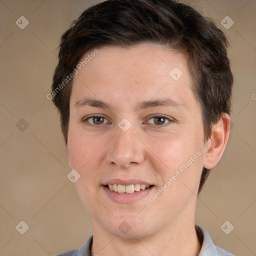 Joyful white young-adult female with short  brown hair and brown eyes