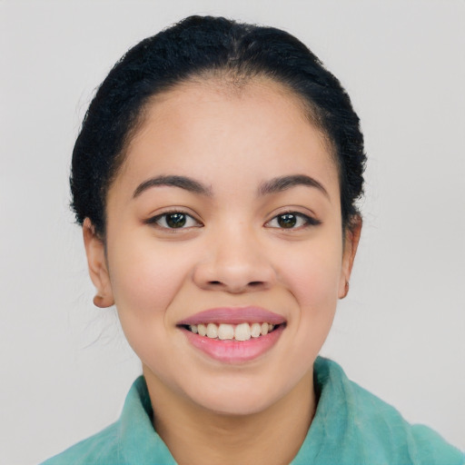 Joyful white young-adult female with short  black hair and brown eyes