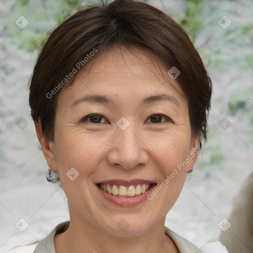 Joyful white adult female with short  brown hair and brown eyes