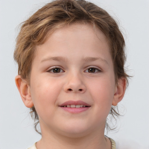 Joyful white child female with short  brown hair and brown eyes