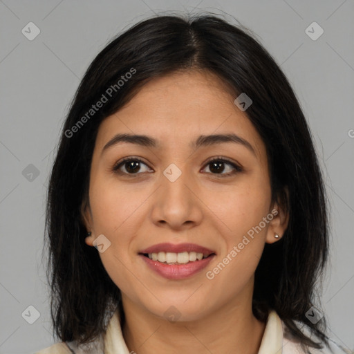 Joyful asian young-adult female with medium  brown hair and brown eyes