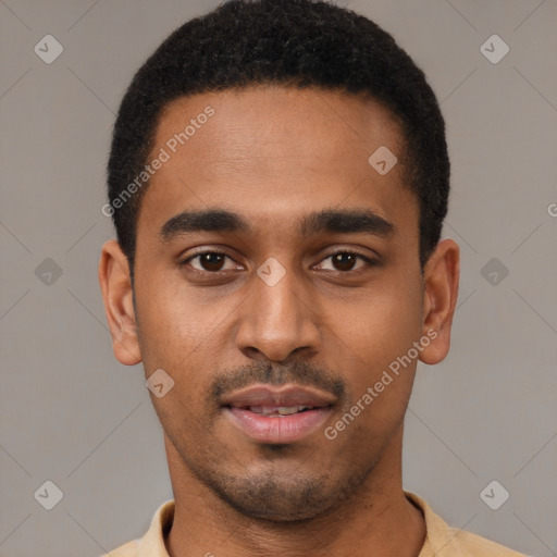 Neutral black young-adult male with short  black hair and brown eyes