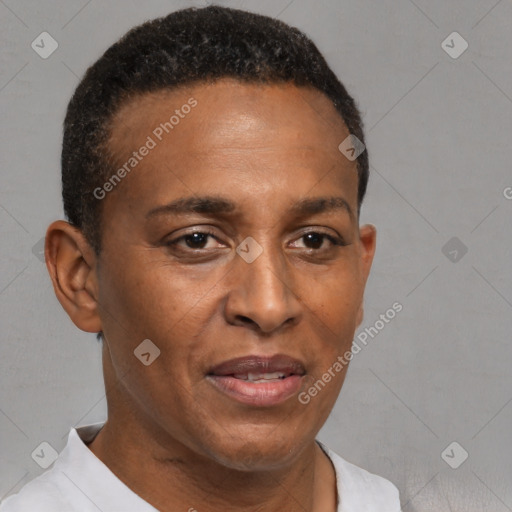 Joyful latino young-adult male with short  brown hair and brown eyes