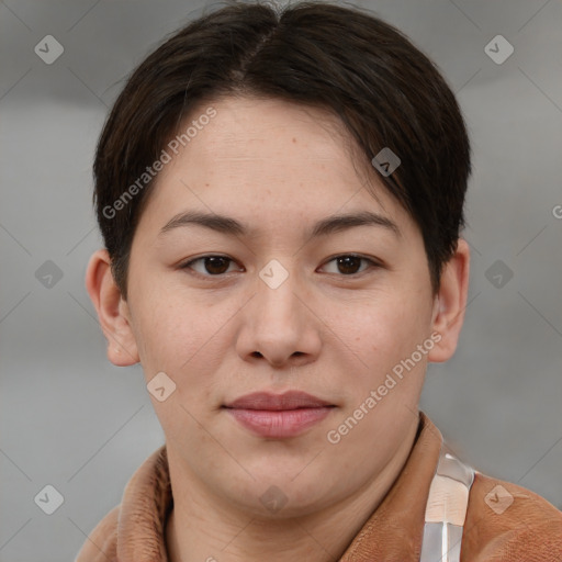 Joyful white young-adult female with short  brown hair and brown eyes