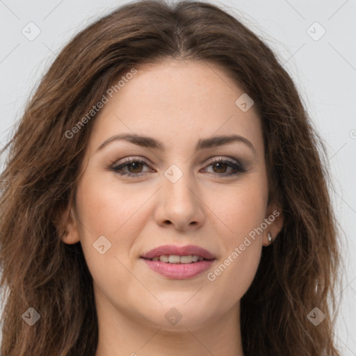 Joyful white young-adult female with long  brown hair and brown eyes