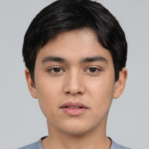 Neutral white young-adult male with short  black hair and brown eyes