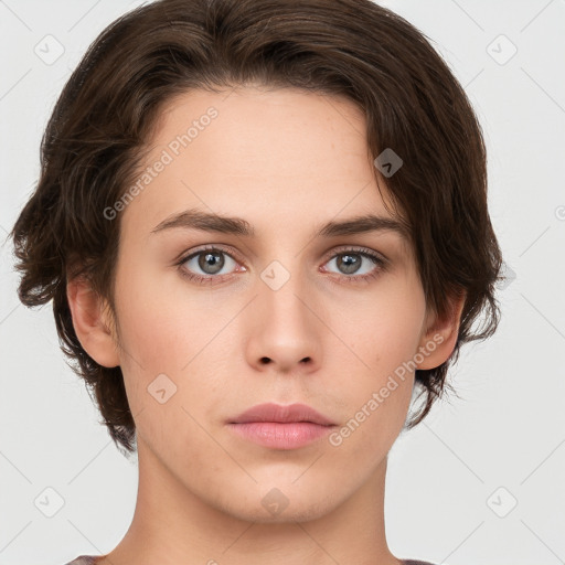 Neutral white young-adult female with medium  brown hair and brown eyes