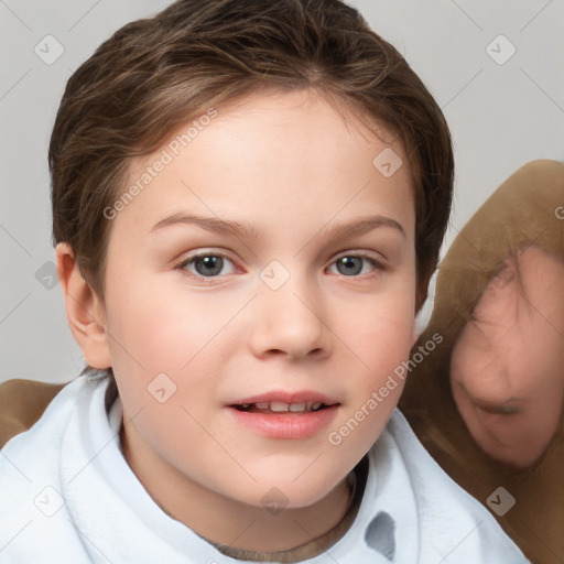 Joyful white child female with short  brown hair and brown eyes