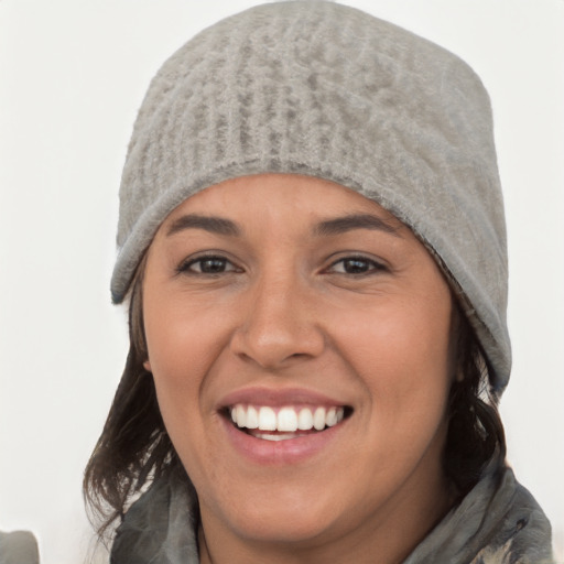 Joyful white young-adult female with medium  black hair and brown eyes