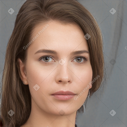 Neutral white young-adult female with long  brown hair and grey eyes